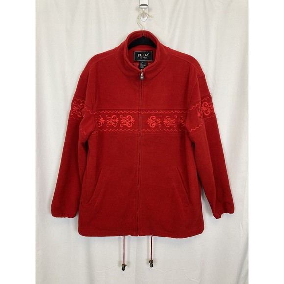 Fu Da New York Women Sz Large Red Full Zip Fleece Jacket Embroidered Holiday EUC - Picture 1 of 8